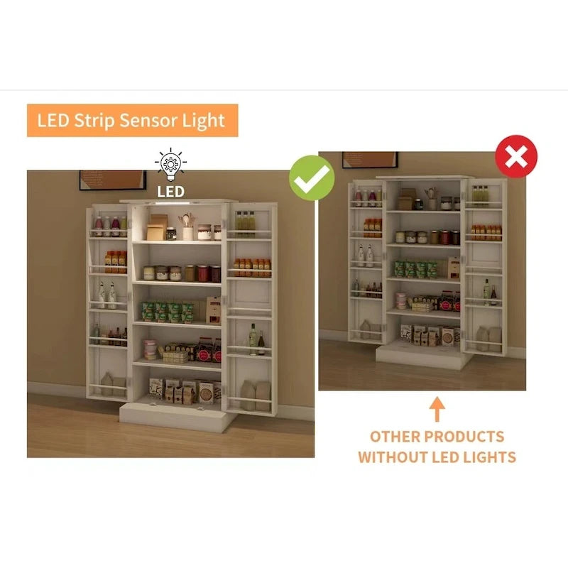 Dispensa da Cucina Autoportante con Luce a LED, 2 Ante e Ripiani Regolabili