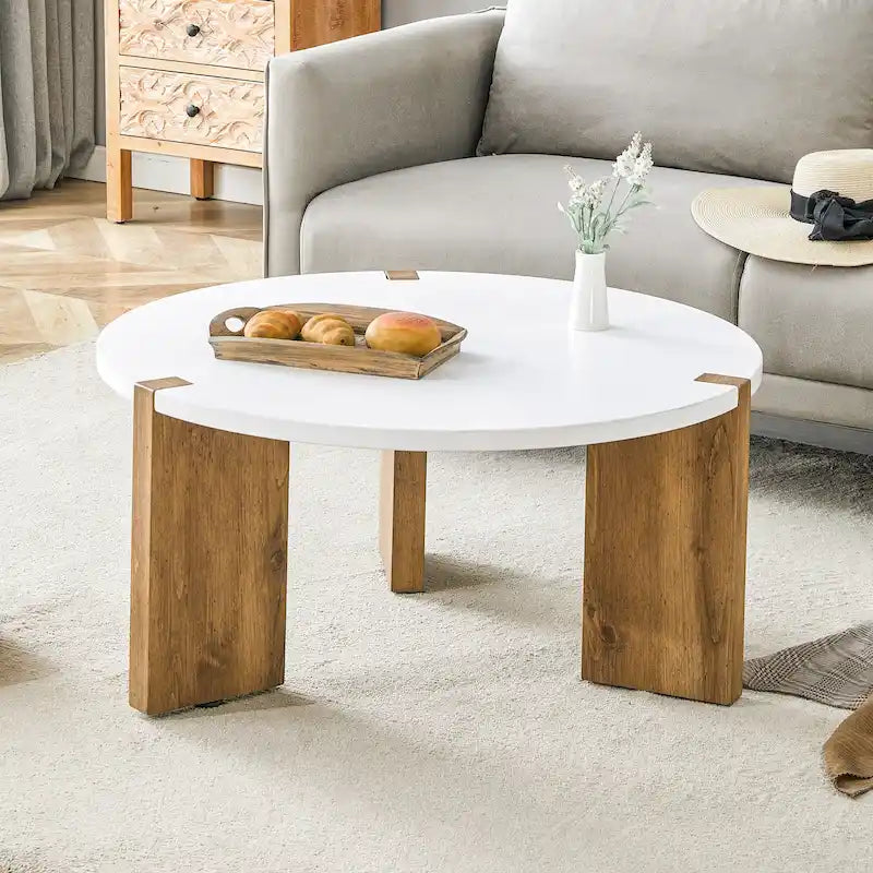 Tavolino rotondo da caffè con gambe rettangolari, diametro 84,8 cm, piano in MDF bianco