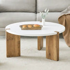 Tavolino rotondo da caffè con gambe rettangolari, diametro 84,8 cm, piano in MDF bianco