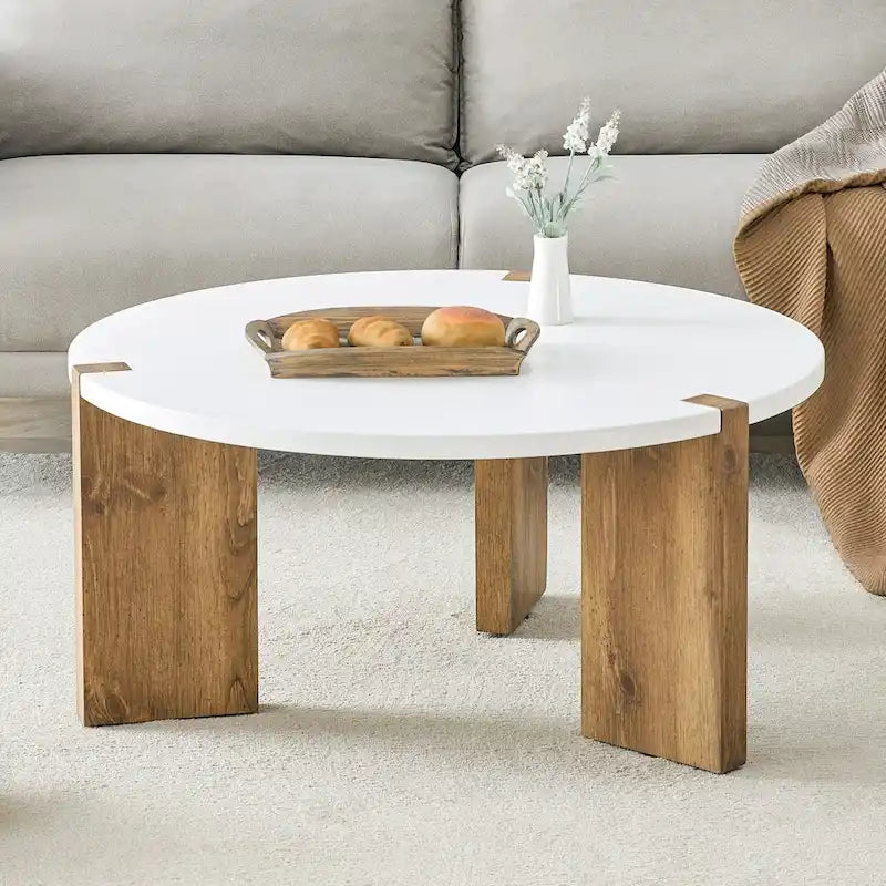 Tavolino rotondo da caffè con gambe rettangolari, diametro 84,8 cm, piano in MDF bianco
