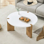 Tavolino rotondo da caffè con gambe rettangolari, diametro 84,8 cm, piano in MDF bianco