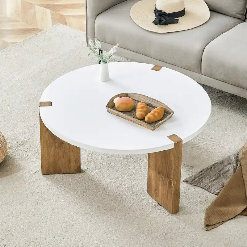 Tavolino rotondo da caffè con gambe rettangolari, diametro 84,8 cm, piano in MDF bianco