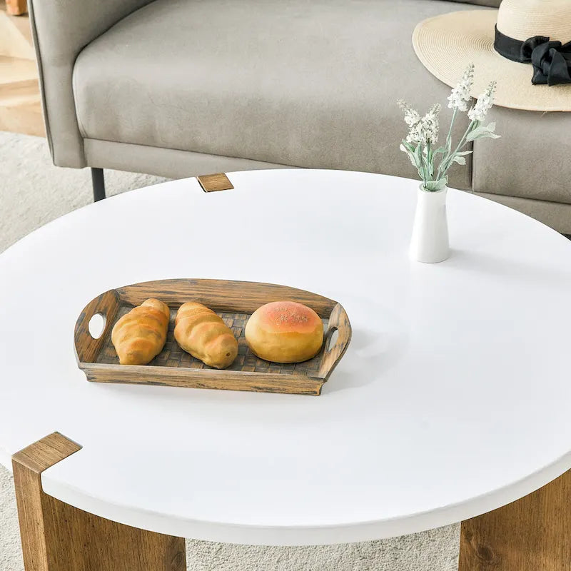 Tavolino rotondo da caffè con gambe rettangolari, diametro 84,8 cm, piano in MDF bianco