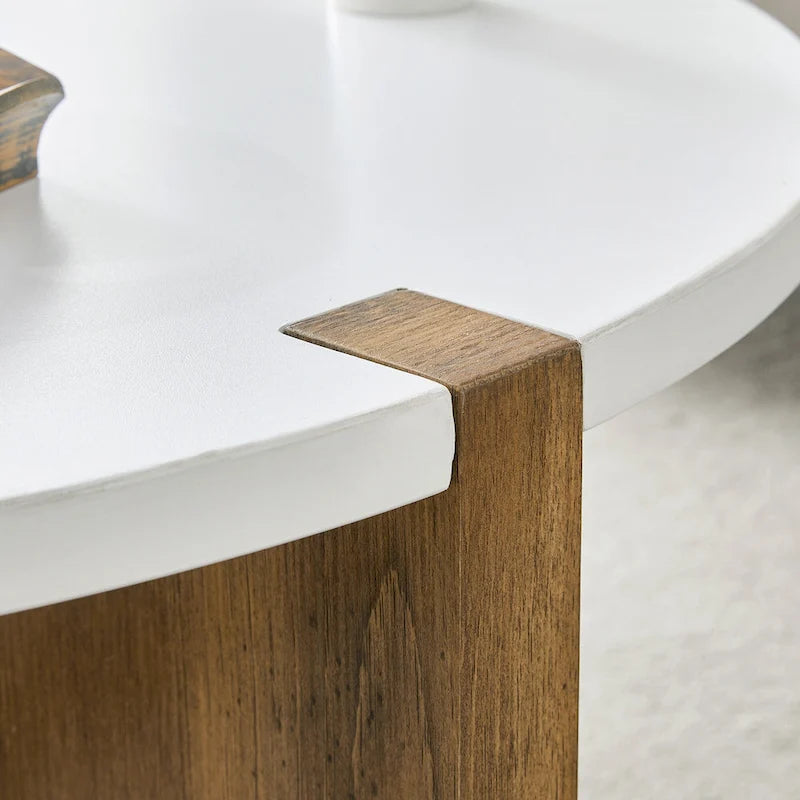 Tavolino rotondo da caffè con gambe rettangolari, diametro 84,8 cm, piano in MDF bianco