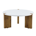 Tavolino rotondo da caffè con gambe rettangolari, diametro 84,8 cm, piano in MDF bianco