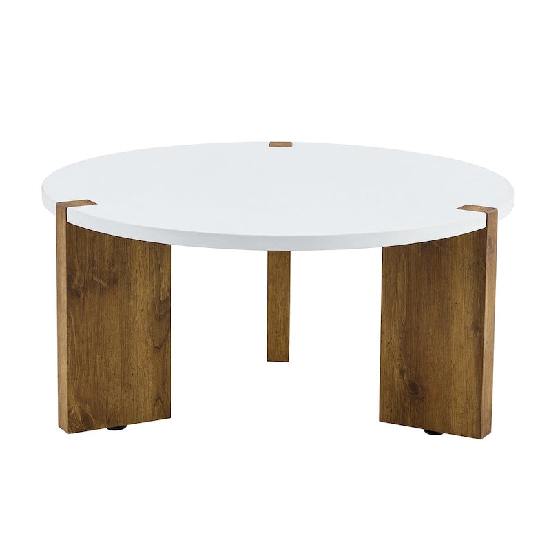 Tavolino rotondo da caffè con gambe rettangolari, diametro 84,8 cm, piano in MDF bianco