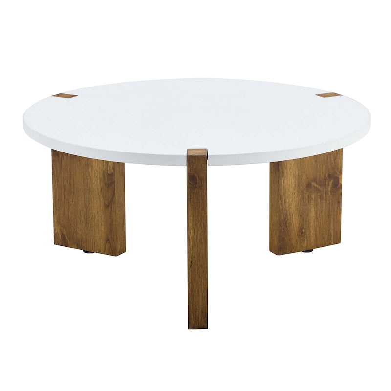 Tavolino rotondo da caffè con gambe rettangolari, diametro 84,8 cm, piano in MDF bianco