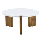Tavolino rotondo da caffè con gambe rettangolari, diametro 84,8 cm, piano in MDF bianco