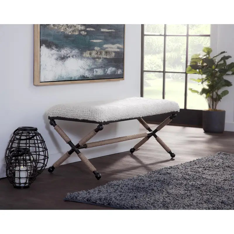 Panca Doppia Imbottita da 122 cm con Sedile in Bouclé e Base in Metallo