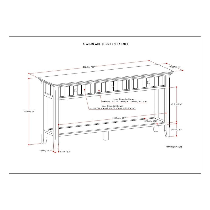 Tavolo console da 152 cm di larghezza Normandy con 3 cassetti e ripiano aperto