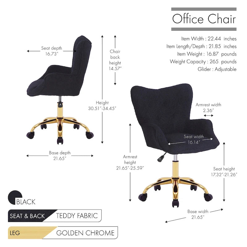 Sedia da Ufficio Girevole in Tessuto Effetto Peluche con Gambe Cromate Dorate