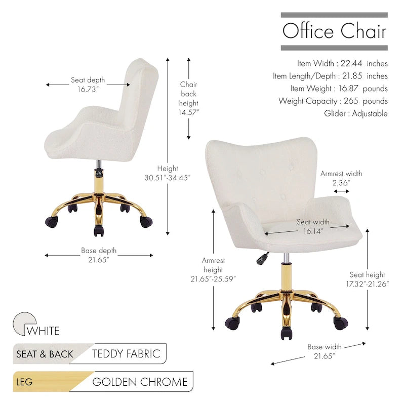 Sedia da Ufficio Girevole in Tessuto Effetto Peluche con Gambe Cromate Dorate