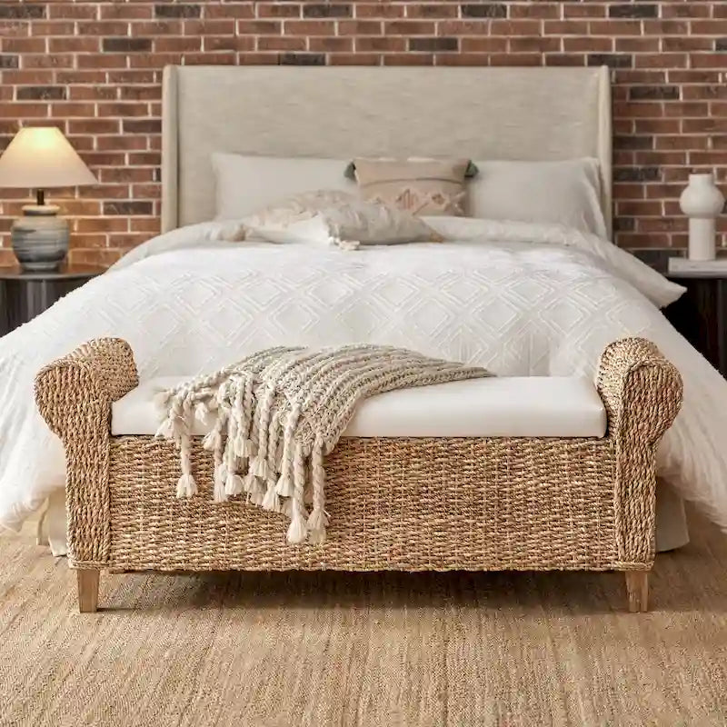 Panca Contenitore Bohemien da Fattoria con Intreccio e Design Intagliati