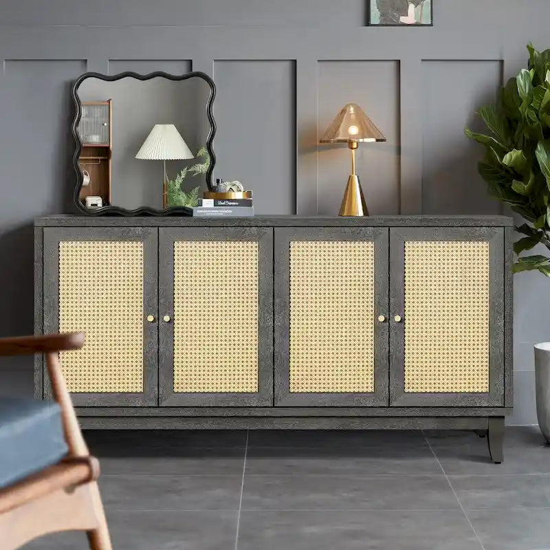 Madia buffet in rattan con pannelli a grana artigianali e 4 ante in rattan