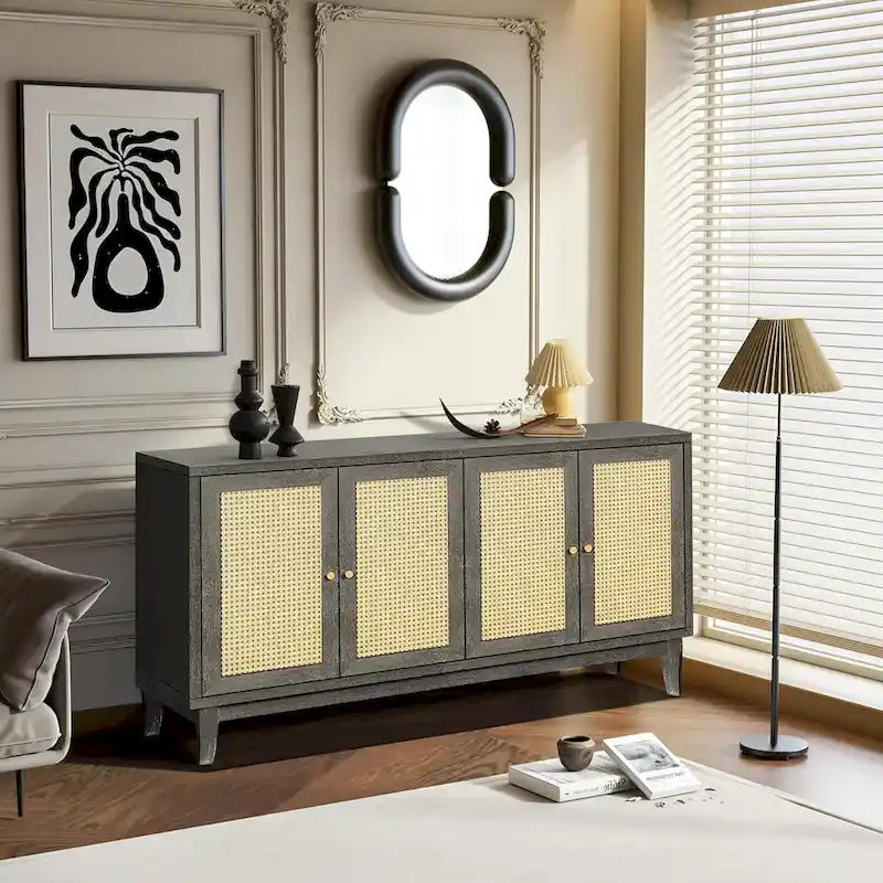 Madia buffet in rattan con pannelli a grana artigianali e 4 ante in rattan