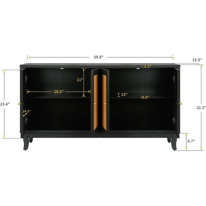 Madia buffet in rattan con pannelli a grana artigianali e 4 ante in rattan