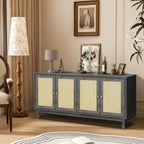 Madia buffet in rattan con pannelli a grana artigianali e 4 ante in rattan