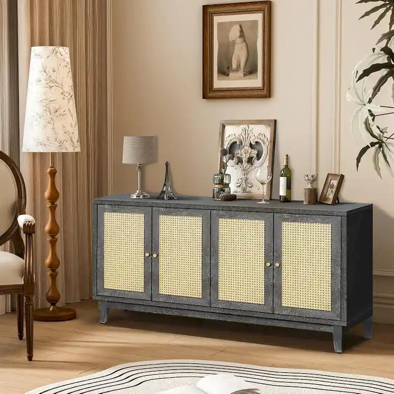 Madia buffet in rattan con pannelli a grana artigianali e 4 ante in rattan
