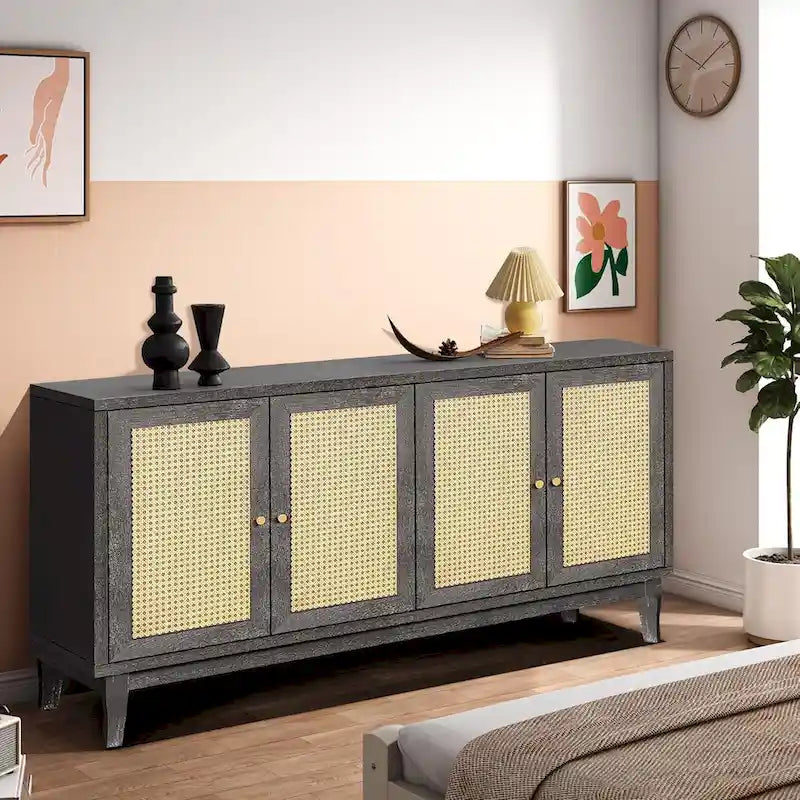 Madia buffet in rattan con pannelli a grana artigianali e 4 ante in rattan