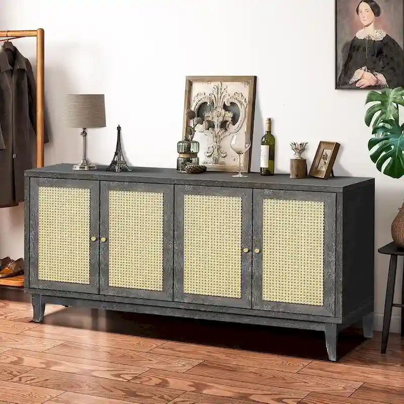 Madia buffet in rattan con pannelli a grana artigianali e 4 ante in rattan