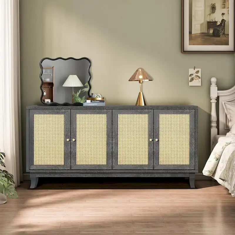Madia buffet in rattan con pannelli a grana artigianali e 4 ante in rattan