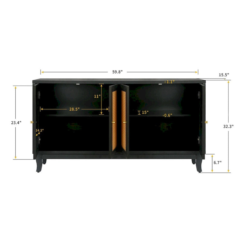 Madia buffet in rattan con pannelli a grana artigianali e 4 ante in rattan