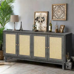 Madia buffet in rattan con pannelli a grana artigianali e 4 ante in rattan